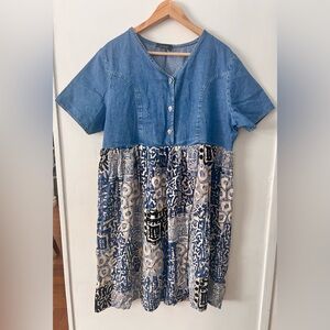 Blue Patterned Denim Dress